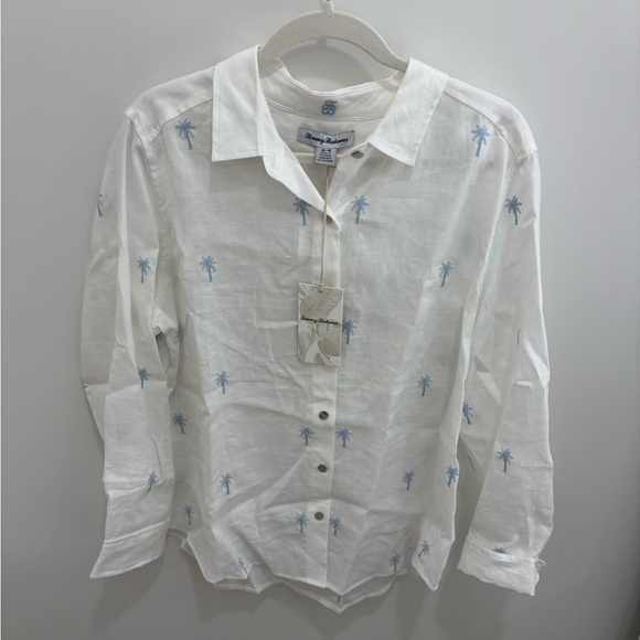 Tommy Bahama White and Blue Palm Print Button Down Shirt - Picture 1 of 3